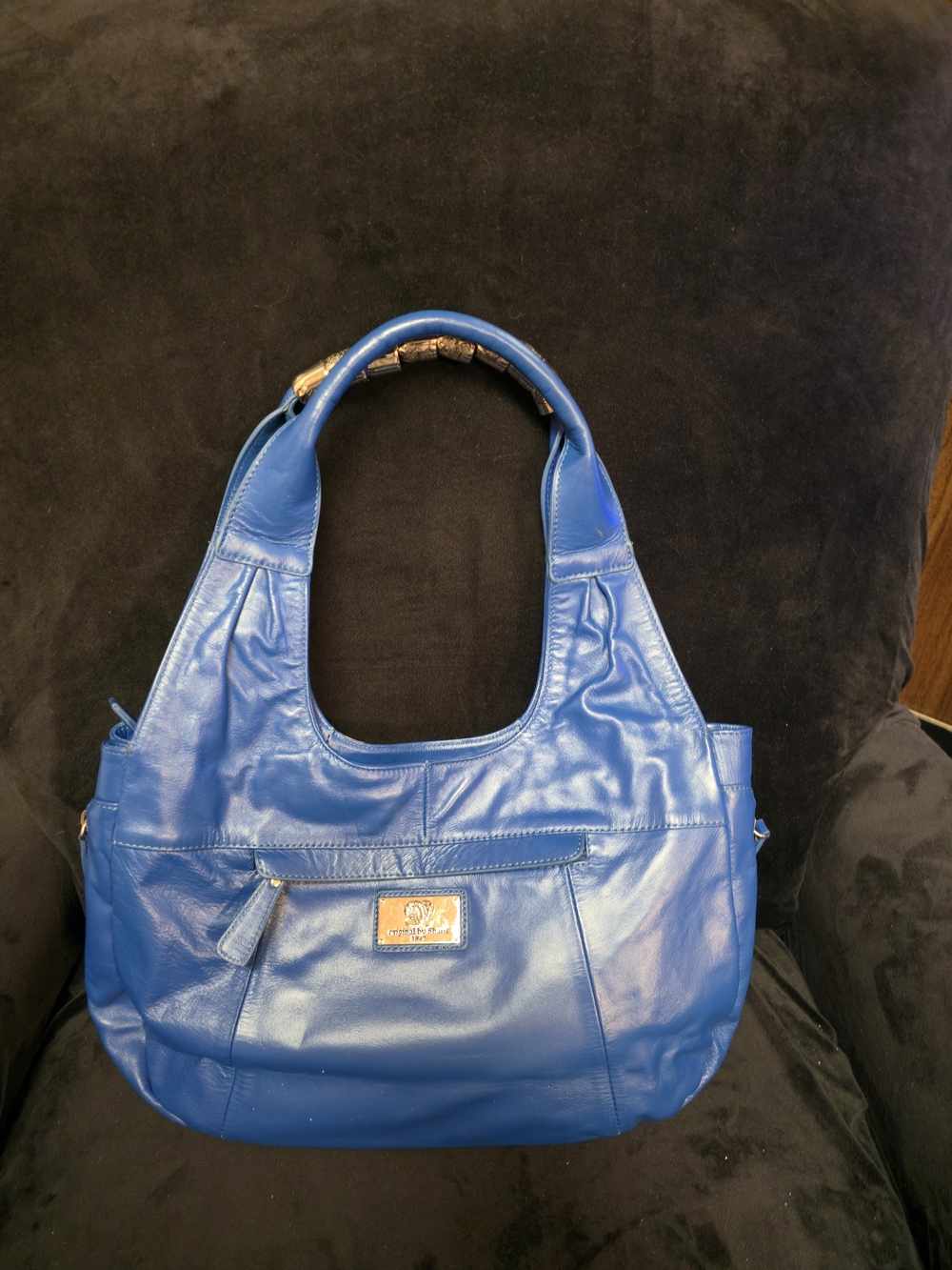 Sharif Blue Leather Shoulder Bag with Yellow Floral Bird-of-Paradise Accent - Picture 3 of 9